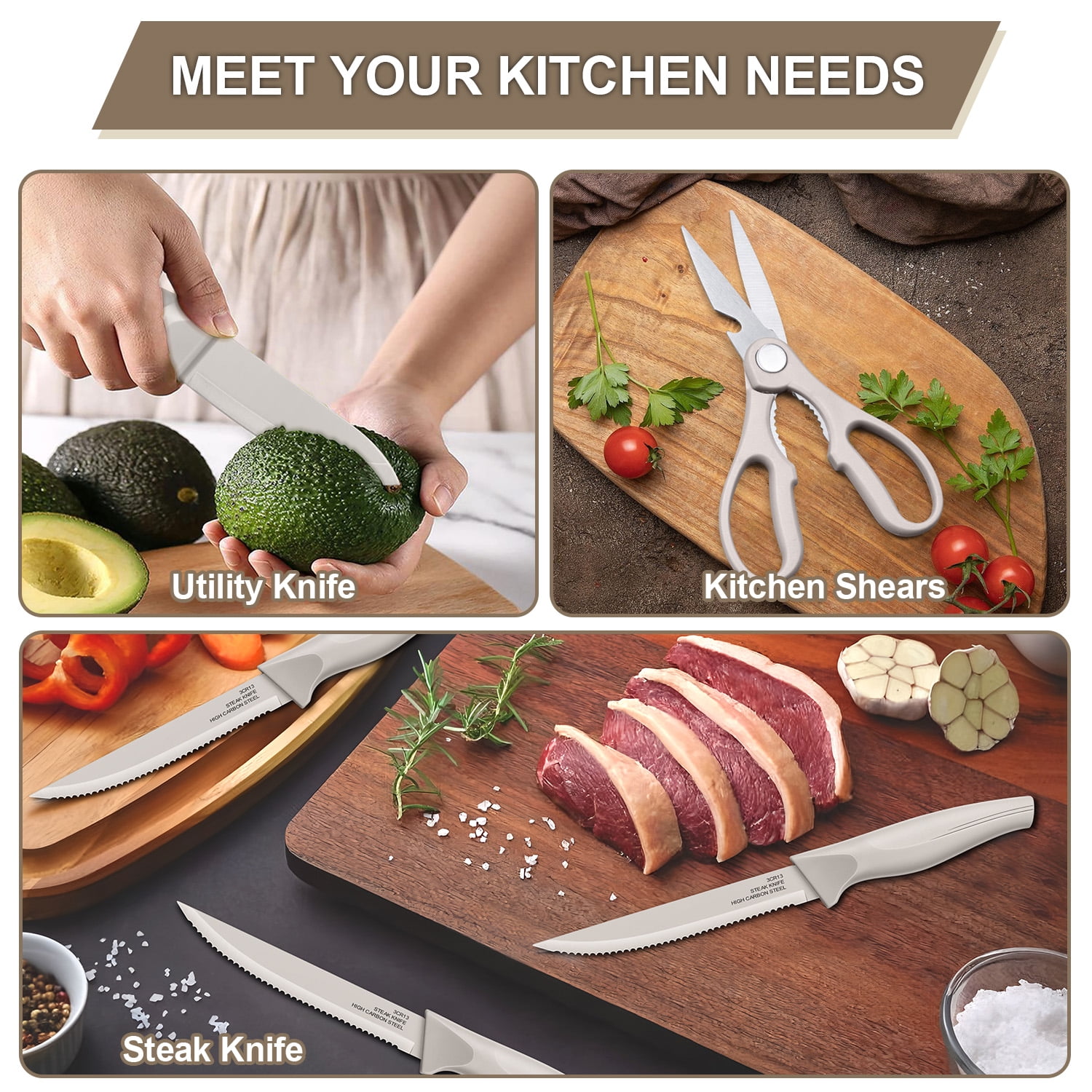 Walchoice 15 Pieces Knife Set with Block, High Carbon Stainless Steel Kitchen Knife Set with Sharpener, Rust Resistant & Dishwasher Safe - Khaki