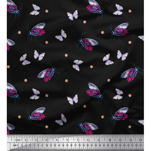 Soimoi Black Cotton Voile Fabric Dot & Colorful Butterfly Printed Fabric 1 Yard 42 Inch Wide