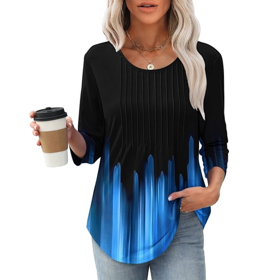 lulshou Womens Tops Women's New 3/4 Sleeve Round Neck Cover Casual Pleated Tunic Curved Hem Printed Fashion
