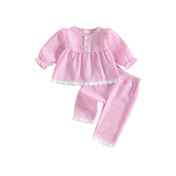 Cjfdfy Toddler Baby Girl Plaid Fall Outfits Lace Trim Long Sleeve Button Plaid Tops Elastic Pants Sets Soft Double Gauze Outfit Little Baby Gingham Fall Winter Outfit 0-3Y