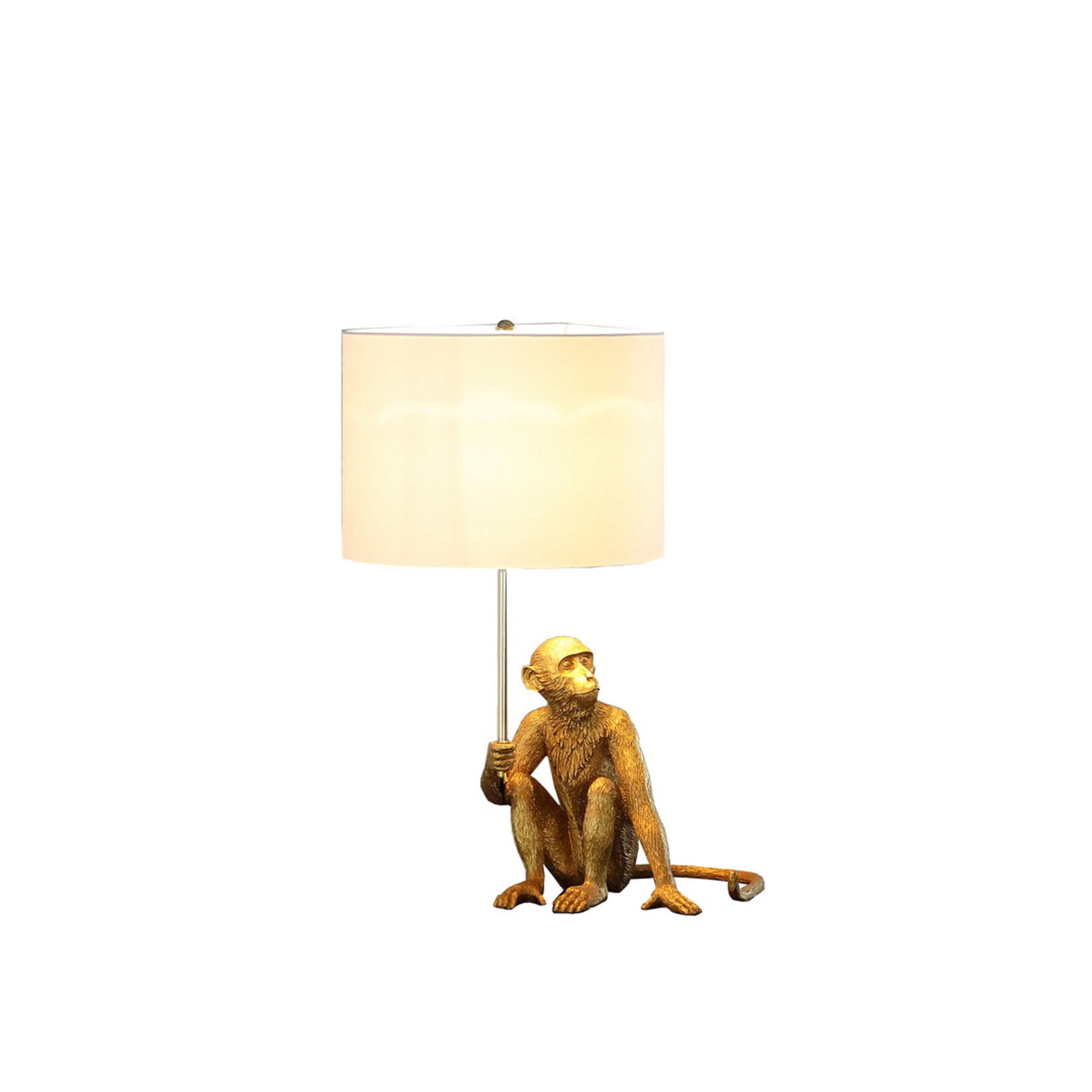 Noble House 25.5" Golden Monkey Table Lamp, Polyresin Figurine, Modern White Drum Shade, E26 Light Bulb, Gold