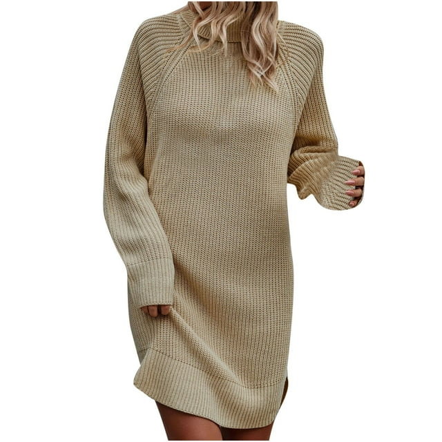 Yuyuzo Robe Chandail de Base pour Femmes à Manches Longues, Col Roulé, Tricot Côtelé, Chandail, Mini Robes Courtes