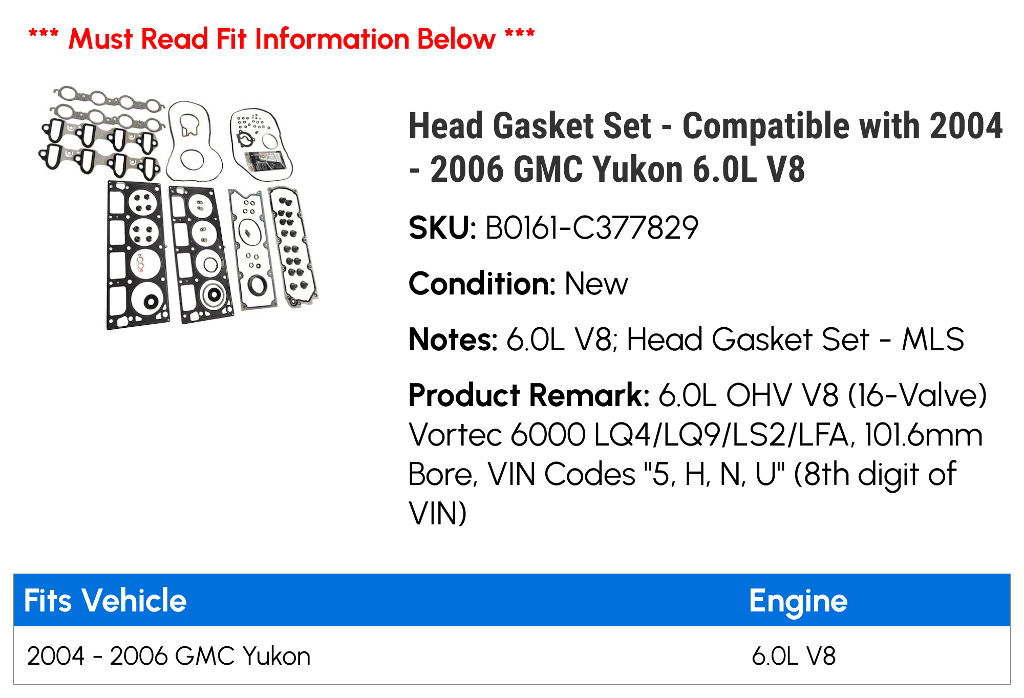 Head Gasket Set - Compatible with 2004 - 2006 GMC Yukon 6.0L V8 2005