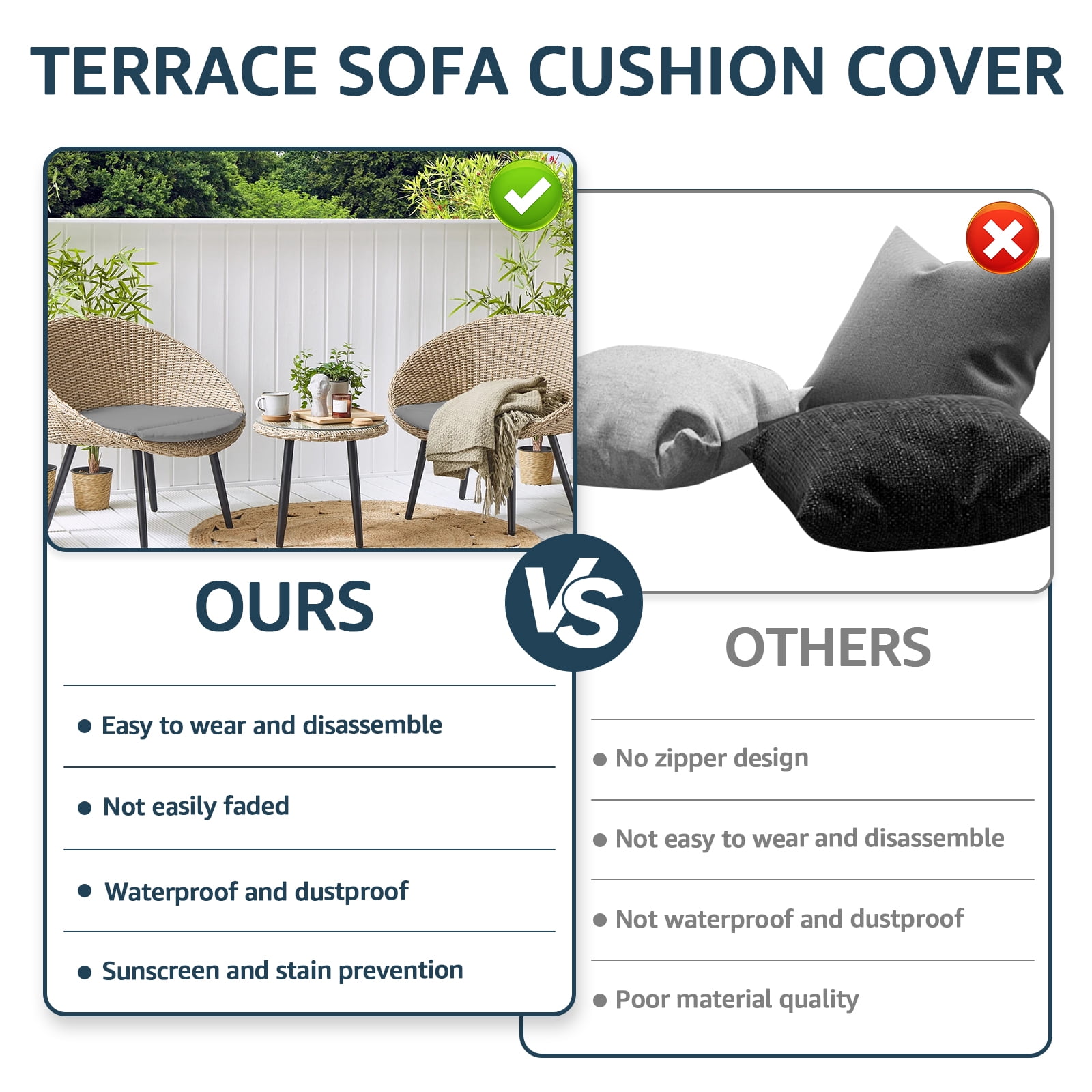 Light Gray Outdoor Seat Pad Cover, Patio Chair Cushion Replacement Covers , 24" x 24", 4 Pack