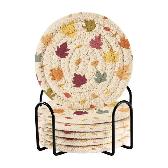6 Pcs Drink Coasters with Holder 3.94in Woven Coasters for Drinks Colorful Autumn Leaves Pattern Coaster Set for Protection Table