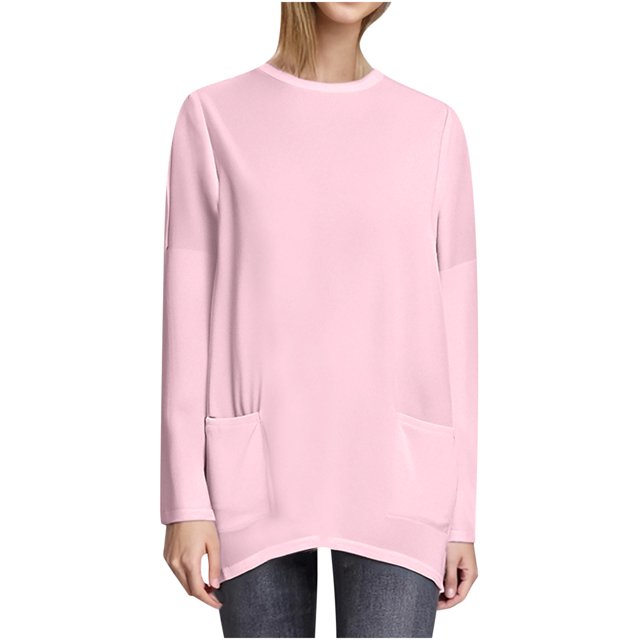 Plebaso Chemises à Poches pour Femmes Manches Longues Tunique Décontractée Col Rond Hauts Blouses Unies Amples Printemps Été