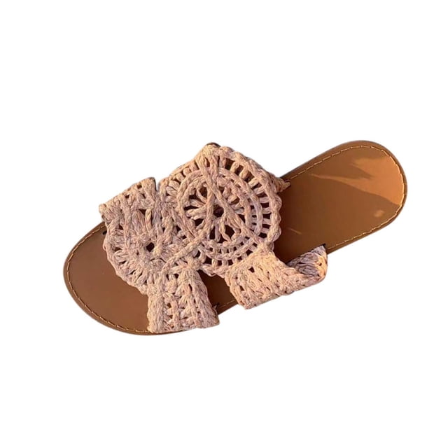 Pompotops Womens Weave Flat Sandals Open Toe Slip On Mule Slides Strap Slipper