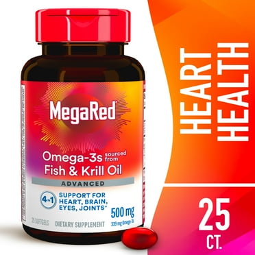 MegaRed Advanced 4in1 500mg Omega-3 Fish Krill Oil Supplements, Heart Brain Eyes Joints Health, 25 Softgels