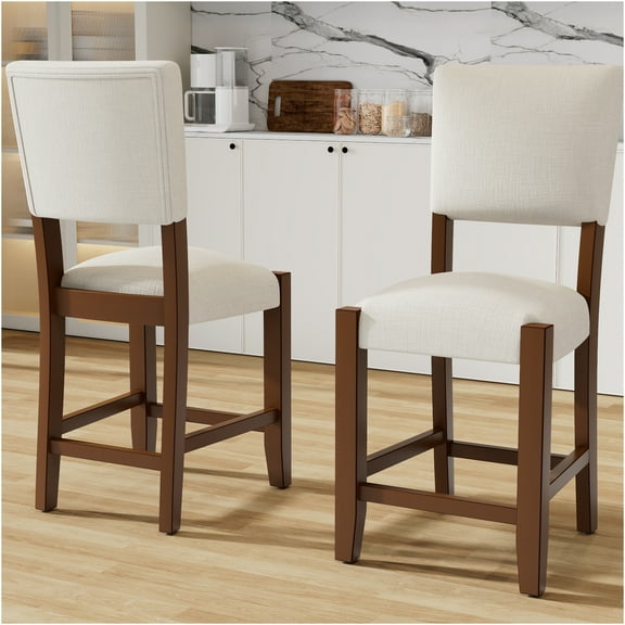 JERFIT Mid-Century Modern Kitchen Island Bar Stools Set of 4 with Back, Off-White Linen Upholstered Counter Height Barstools, Solid Rubber Wood Legs Dining Chairs