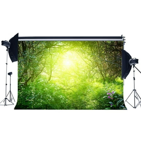 Image of MOHome 7x5ft Photography Backdrop Jungle Forest Trees Fresh Flowers Sunshine Nature Wedding Backdrops for Baby Kids Lover Portraits Background Photo Studio Props