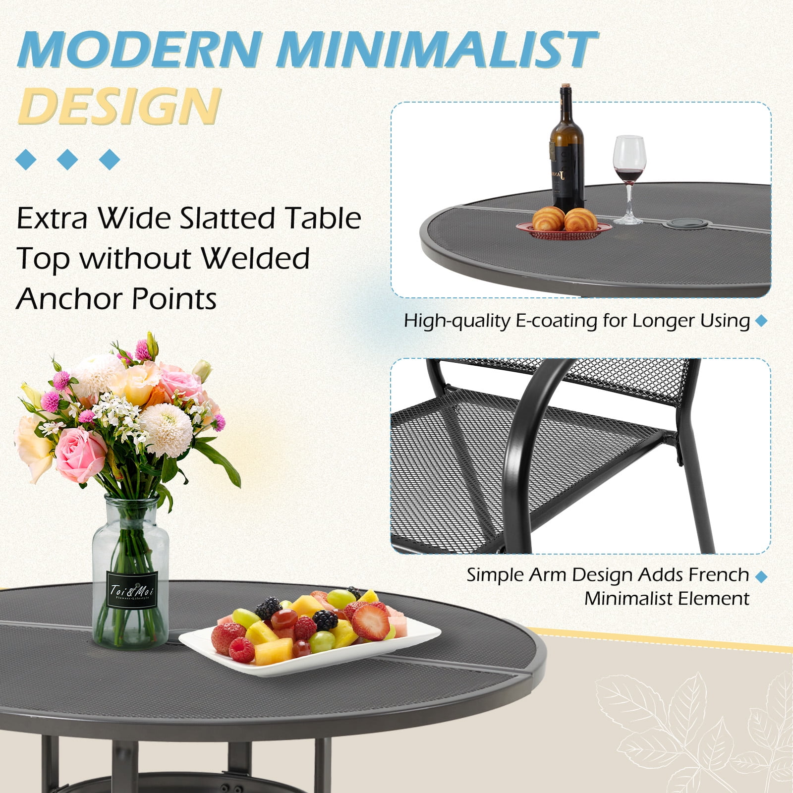 AECOJOY 37" Round Outdoor Dining Table, Metal Patio Table with Umbrella Hole-Black