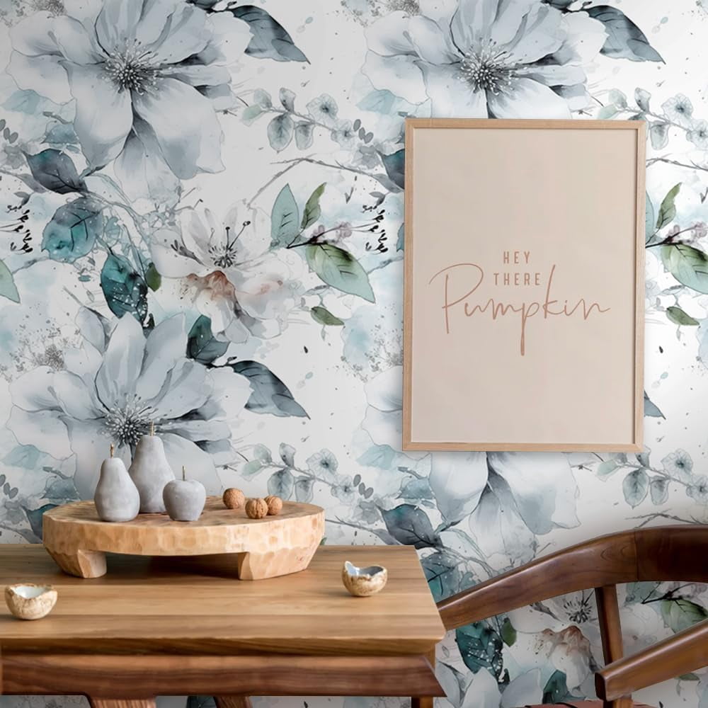 Ice Blue White Large Hyacinth Floral Green Leaf Peel and Stick Wallpaper Wall Decor Self Adhesive Wall Paper Stick on Easy Peel Off Contact for Renter Apartment