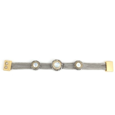 Akoya Pearl Necklace Bracelet TAZZA WOMEN'S OXIDIZED ANTIQUE VINTAGE LOOK CABLE JEWELRY COLLECTION TWO TONE MOTHER OF PEARL CRYSTAL BRACELET #81216BRWH ()