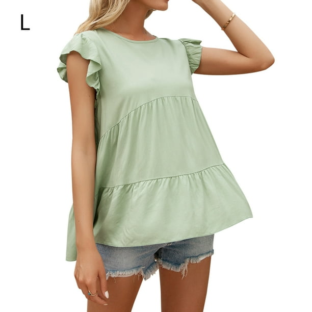 Camiseta de mujer Verano Encaje Cuello redondo Manga corta Casual Top suelto, Verde, L Kearding AP001322-15