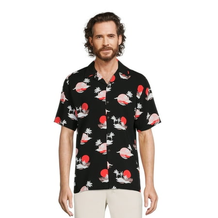 No Boundaries Men's Print Button Front Resort Shirt with Short Sleeves, Sizes XS-3XL