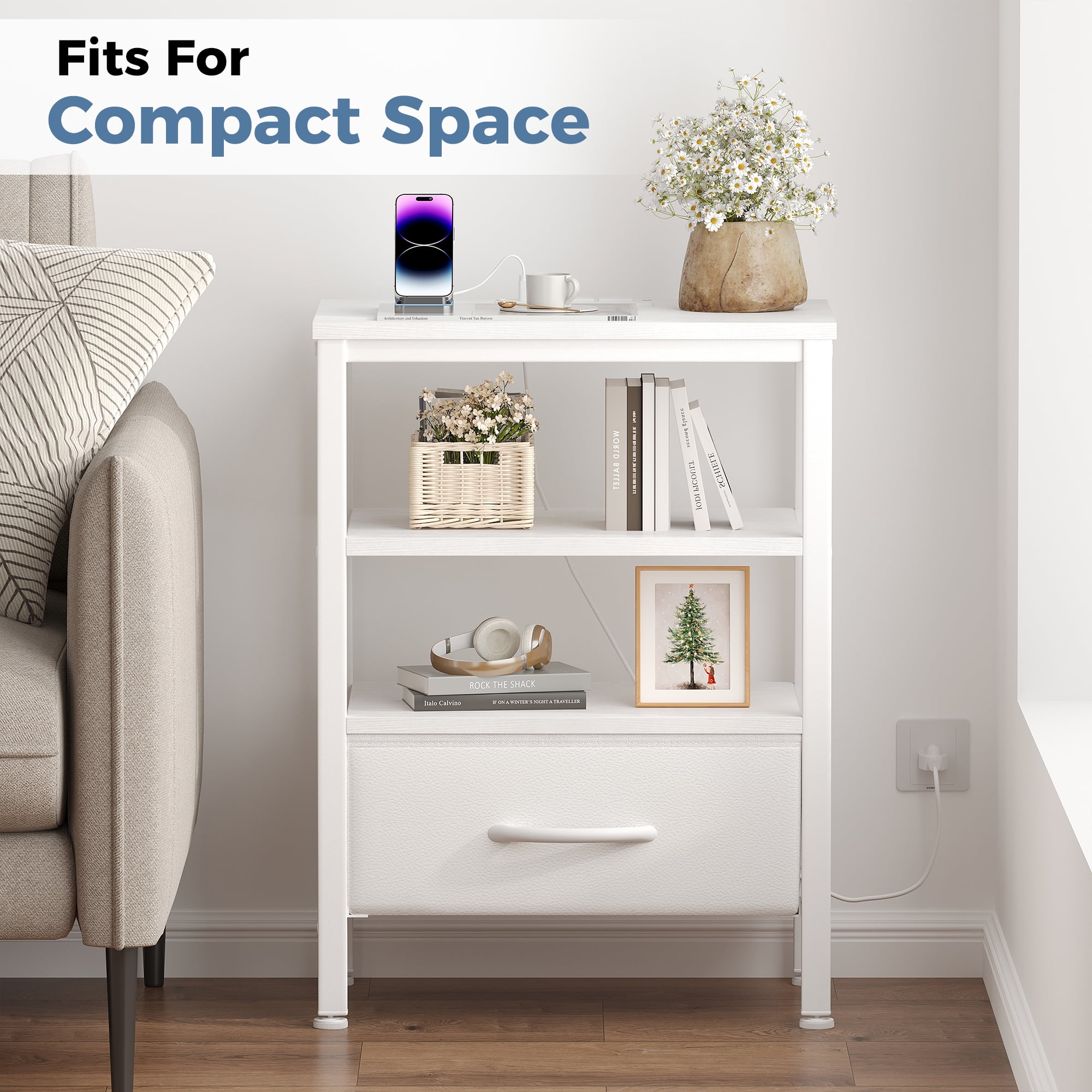 CONCETTA Set of 2 Small Night Stand with Charging Station, 1 Fabric Drawer, USB Ports and Outlets, Open Storage Shelf Bedside End Table for Bedroom, White