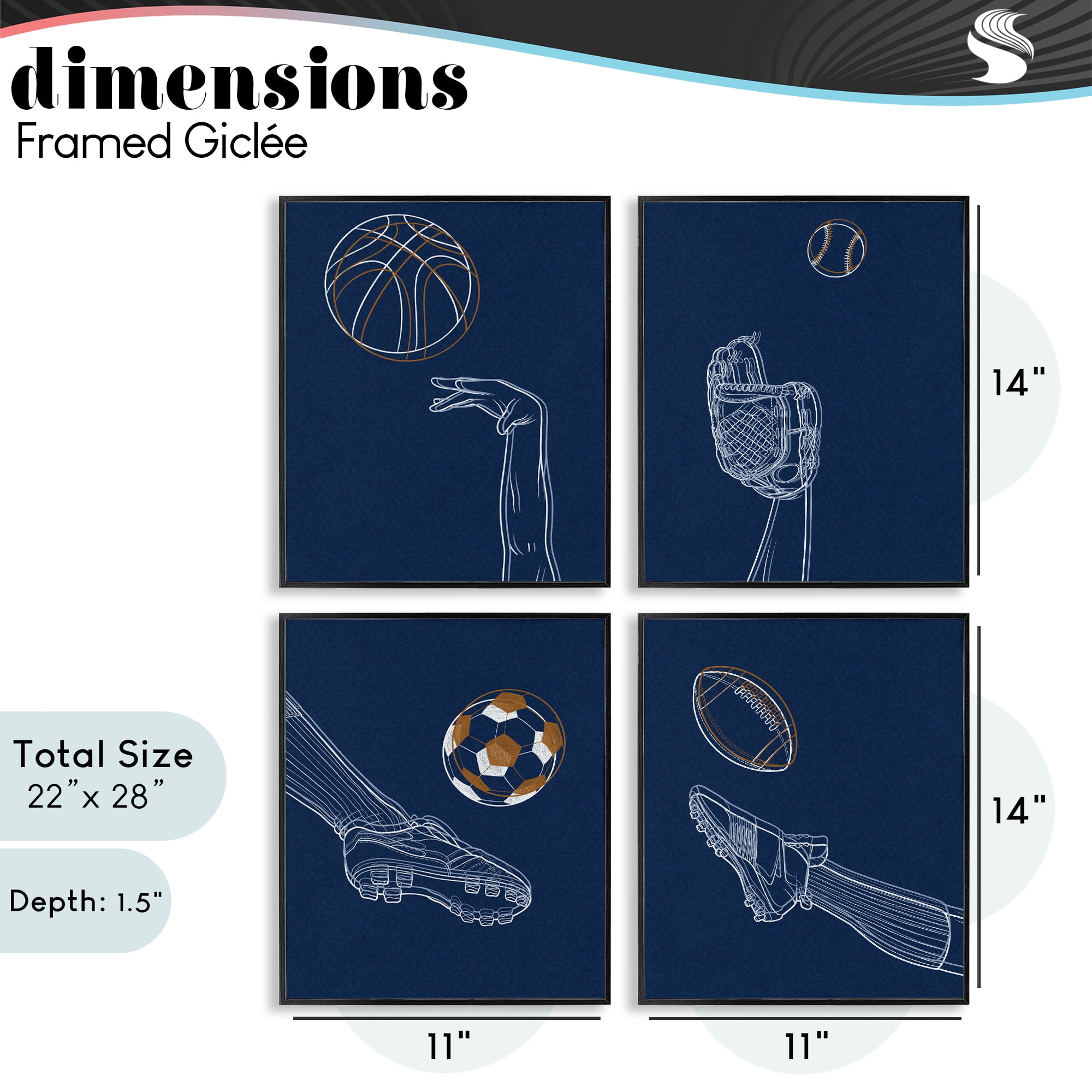 Stupell Industries Sports In Action Contour 4 Piece Black Framed Giclee Art Set, design by Marcus Prime