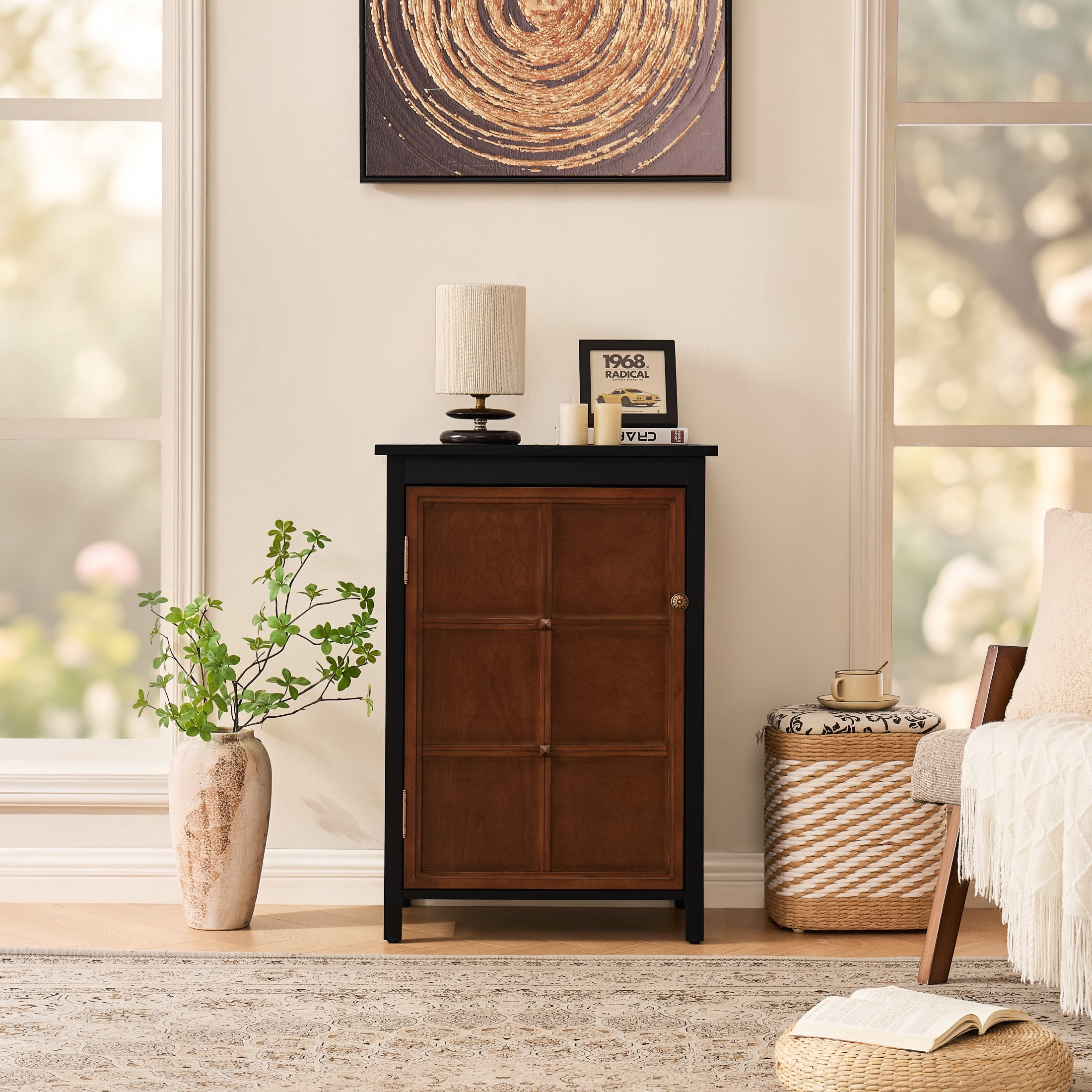 GDF Studio 34.2" Tall Mid-Century Modern Floor Cabinet with Door & Adjustable Shelf, Black+Walnut