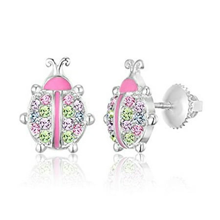 - Children's Earrings - 925 Sterling Silver with a White Gold Tone Pink Enamel and Crystal LadyBug Screwback Earrings MADE WITH SWAROVSKI ELEMENTS Kids, Children, Girls, Baby