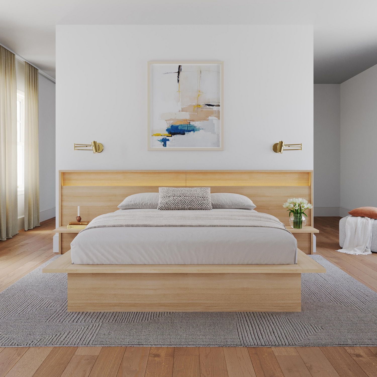 Monroe Queen Size Bedroom Set with Slatted Bedframe, Wide Headboard with Lights and Shelves