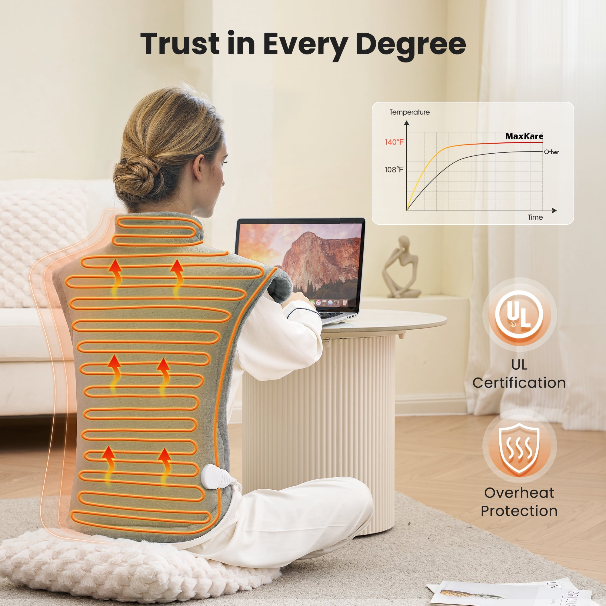 MaxKare Ultra Soft Heating Pad with 4 Heat Settings & Auto Shut-off for Full Body Stress Relief, 24"x33" - Gray