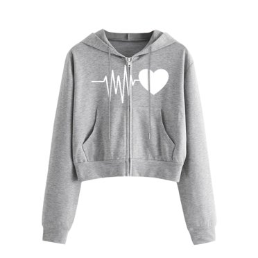 Penkiiy Sweat à Capuche pour Femmes Imprimé Battement de Cœur Manches Longues Poche Zippée Gris Y2K Vêtements
