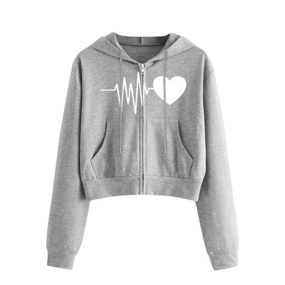 Fesfesfes Women Hooded Heartbeat Print Long Sleeve Zipper Pocket Shirt Hooded Sweatshirt Tops Plus Size $10