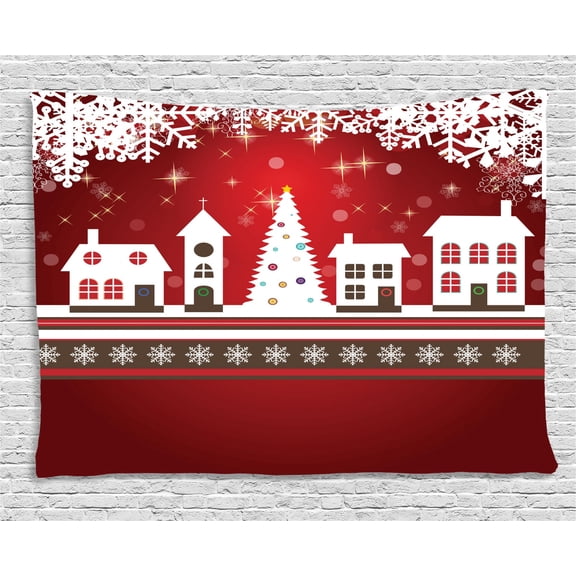Christmas Decorations Tapestry, Winter Holidays Theme Gingerbread House Tree Lights and Snowflakes Art, Wall Hanging for Bedroom Living Room Dorm Decor, 60W X 40L Inches, Red White, by Ambesonne
