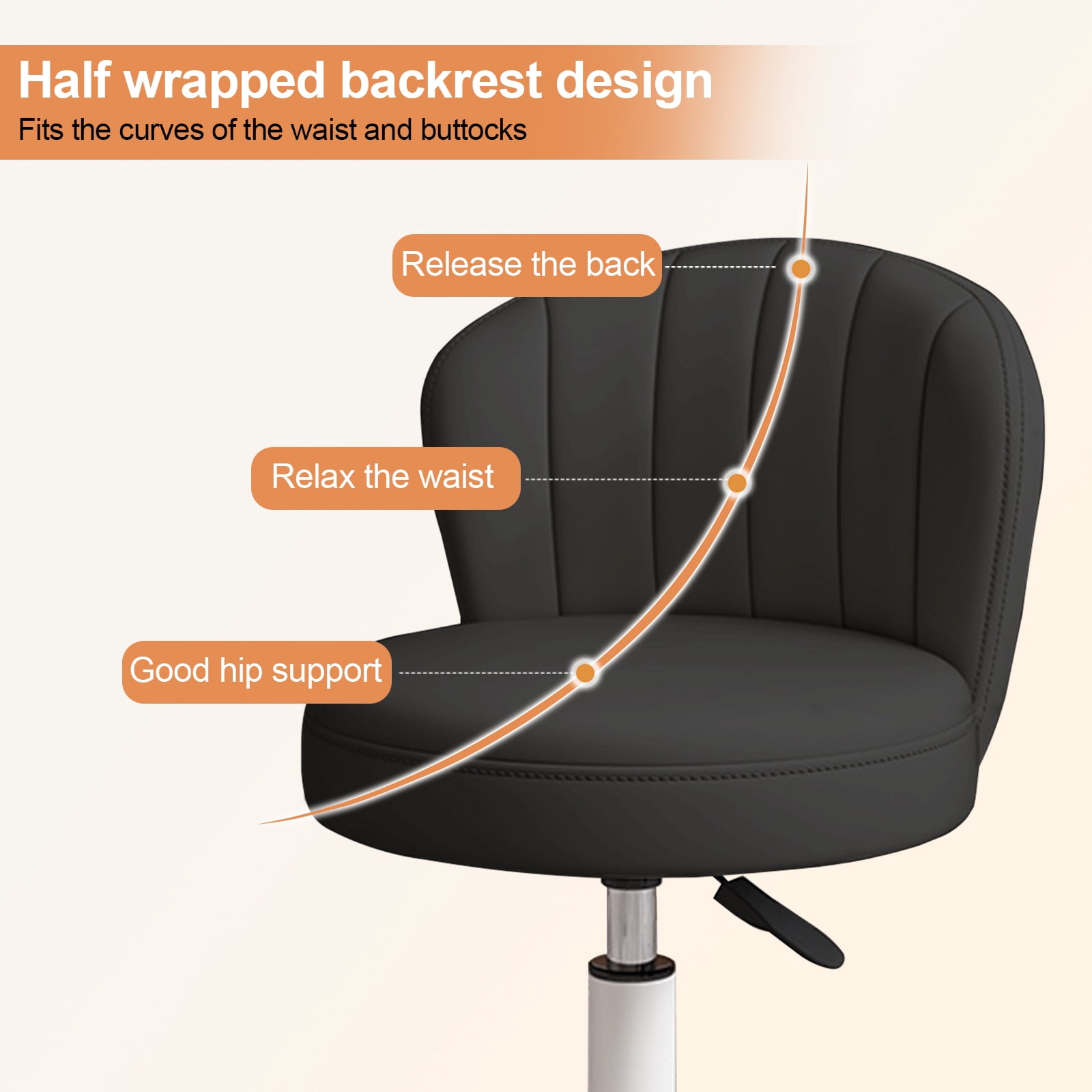 Small Round Rolling Chair with Back PU Leather Height Adjustable，Swivel Vanity Work Computer Stool for Girls and Women，Black