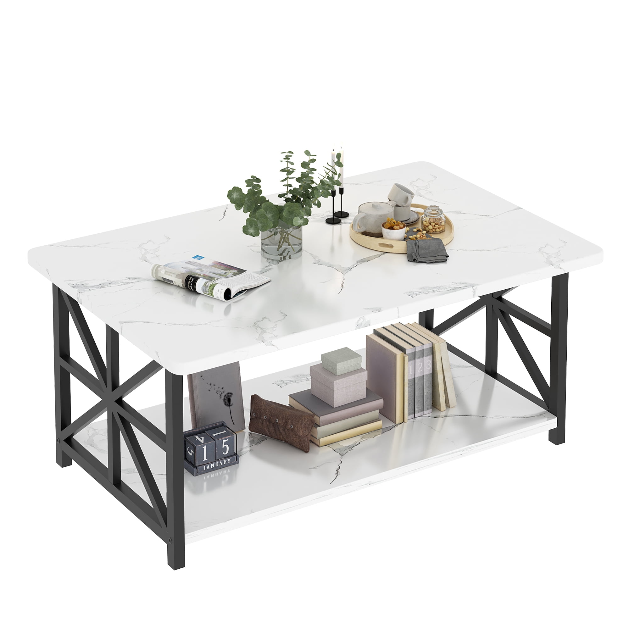 Baxluxe Faux Marble Coffee Table with Storage Shelves, 2-Tier Storage Rectangular Living Room Center Table, Metal Base Sturdy Modern Coffee Tea Table for Living Room, Apartment, Office, White