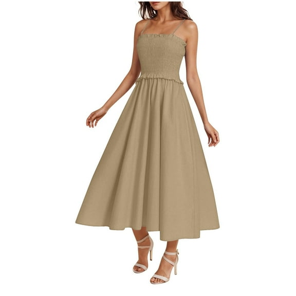Oplxuo Women's Spaghetti Strap Smocked Maxi Dress Summer Casual Boho Sleeveless Flowy A ine Long Beach Sundresses