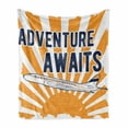 thumbnail image 1 of Saying Soft Flannel Fleece Throw Blanket, Commercial Airplane Rising Sun Adventure Words Aviation Journey Print, Cozy Plush for Indoor and Outdoor Use, 50" x 60", Navy Blue Orange, by Ambesonne, 1 of 6