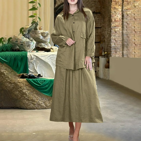 SDNall Long Skirts for Women, Long Skirts for Women Summer, 2 Piece Skirt Sets for Women, Womens Solid Color Casual with Pocket and Buttons Long Sleeve Blouse Wide-Leg Skirts Suit Two-Piece Set