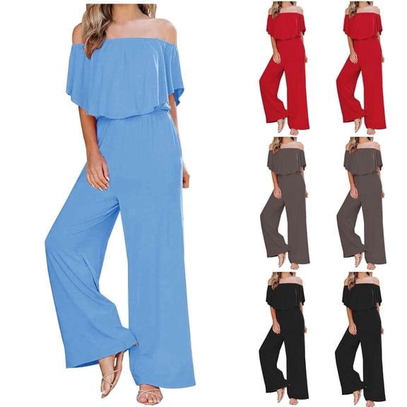 AGWOLF Women's Off the Shoulder Jumpsuits Elegant Ruffle Short Sleeve Rompers Elastic High Waist Wide Leg Pants Playsuits Summer Overalls with Pockets Black L