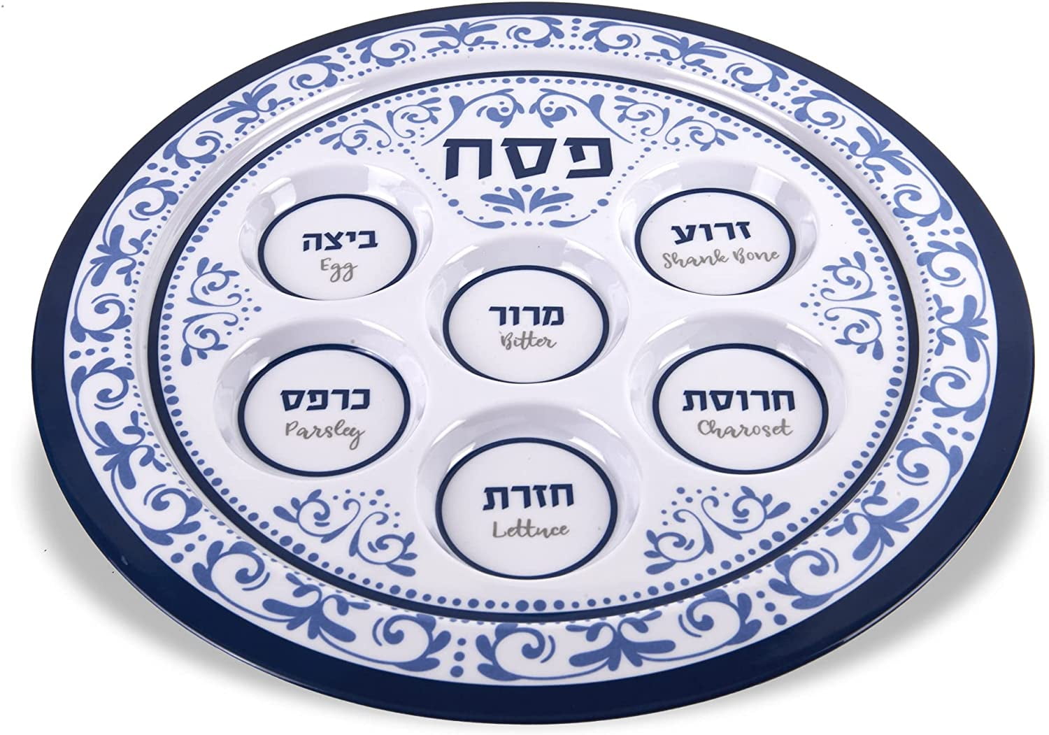 Zion Judaica Bulk Renaissance Pesach Seder Piatti Oro e Argento Disegno Floreale 30,5 cm Vassoi rotondi pasqua 6 scomparti Piatto pasqua in melamina