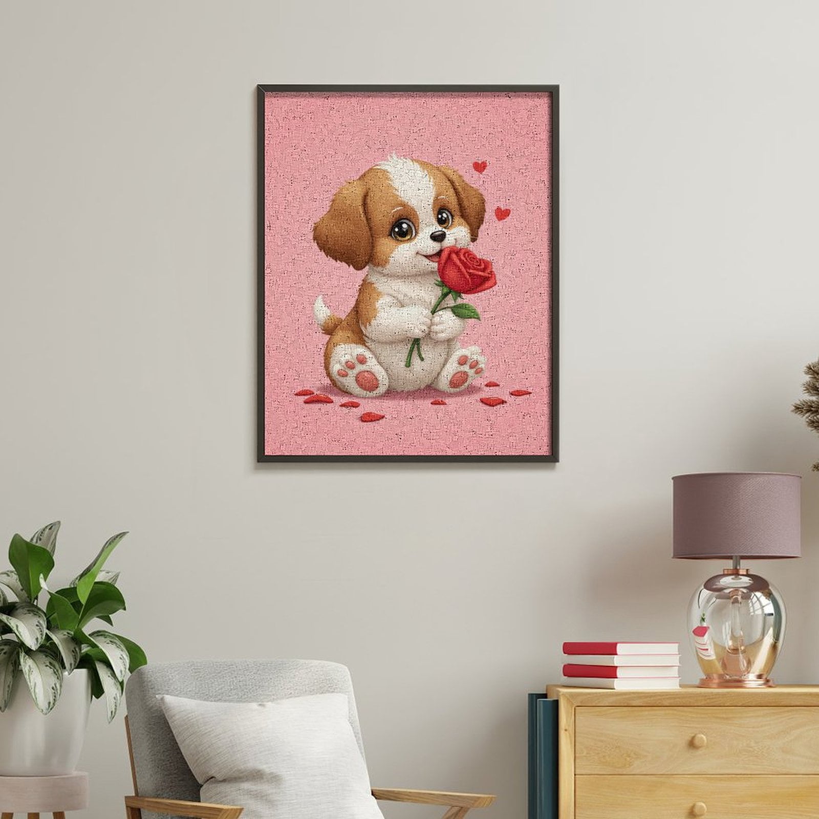 Paint By Numbers Kit for Adults Beginner - DIY Puppy Holding Red Rose Cute Art Canvas Painting Kits for Adults, Frameless Paint By Number for Adults for Home Wall Decor 16x20 Inch