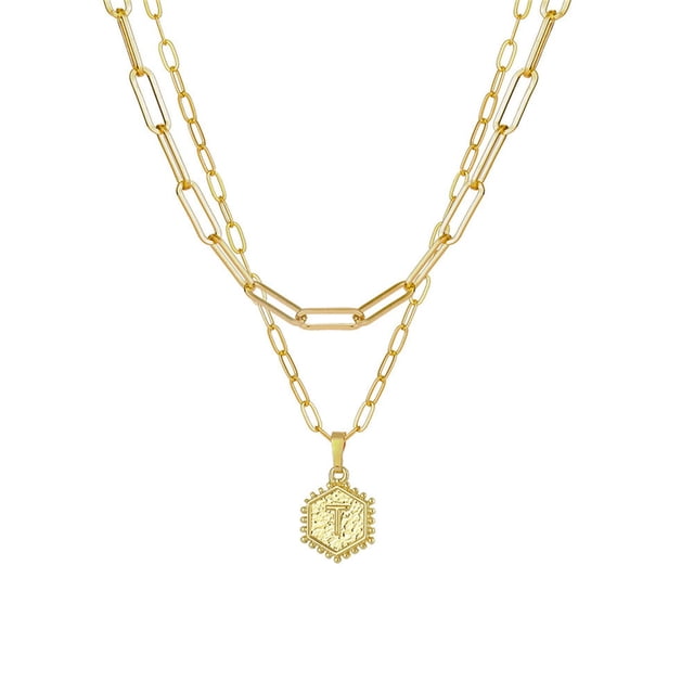 DPTALR Collier Chaîne Plaqué Or pour Femmes Pendentif Lettre Hexagonale Collier Superposé