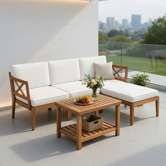 GVN Backyard Furniture Sets,Outdoor Furniture Sets,5 Pieces Acacia Wood Patio Furniture Set with 2-Tier Coffee Table and Cushions-White