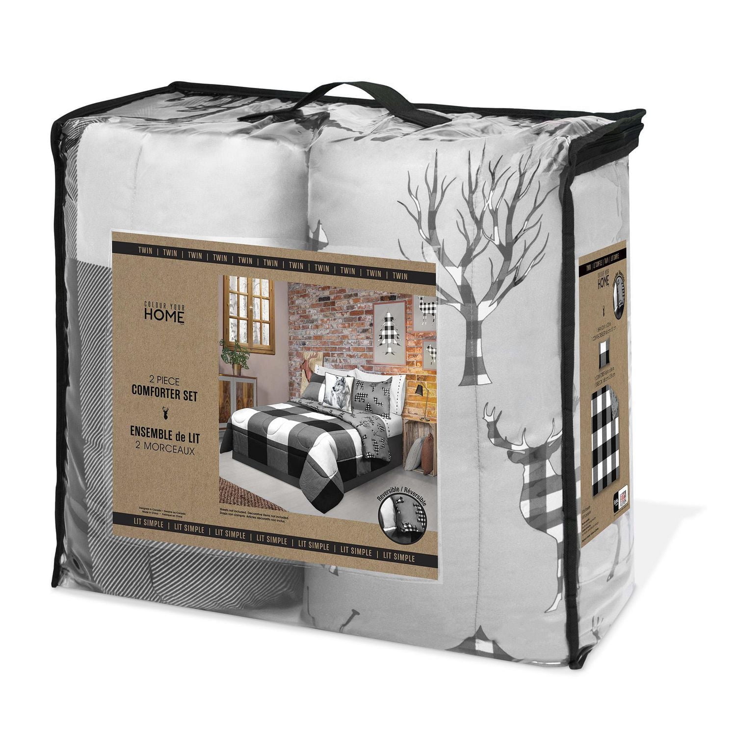 Safdie & Co. Ensemble édredon 3PC DQ Blanc/Noir Carreauté