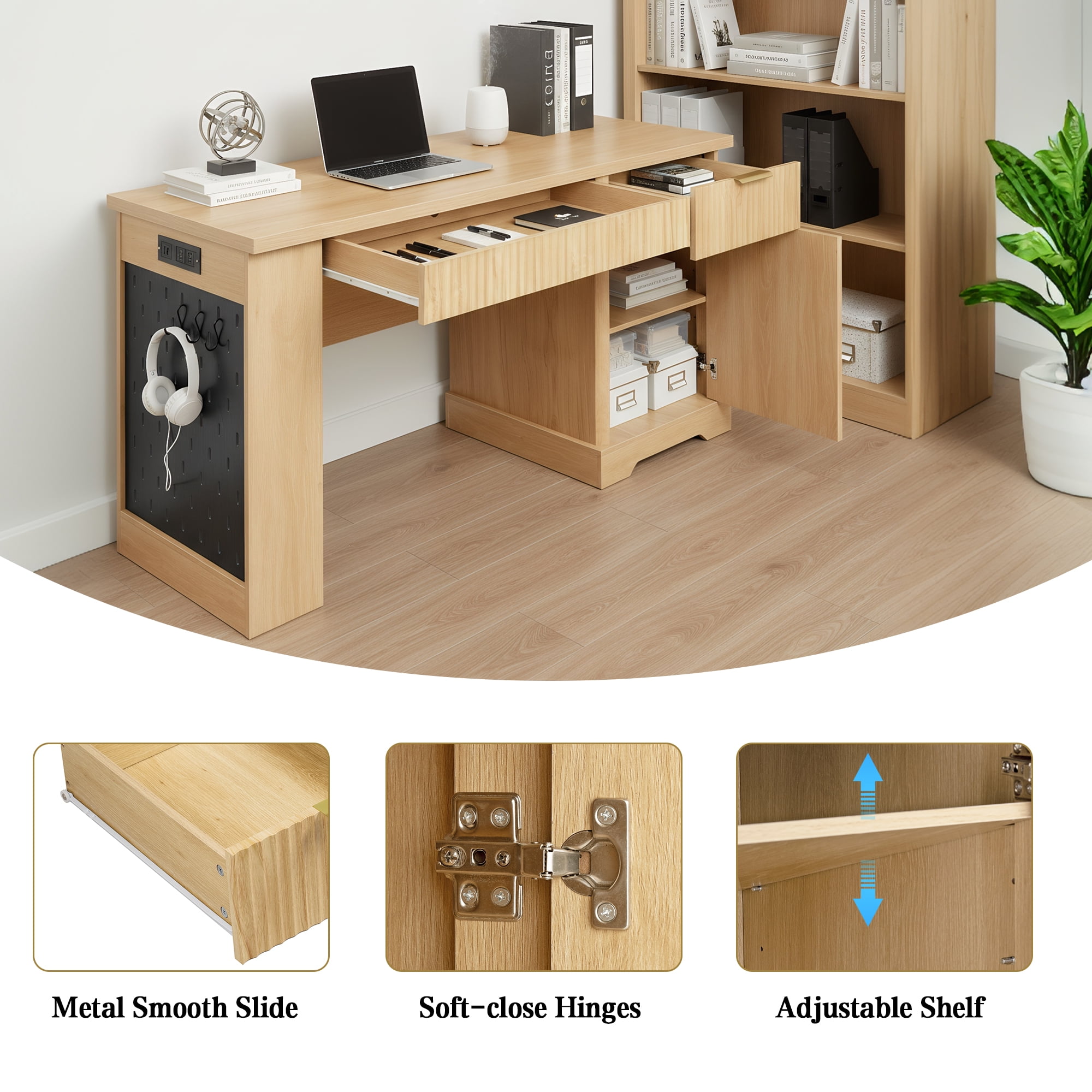 Mintazer 55" Modern Fluted Office Desk with Charging Station & Storage Cabinet, Computer Writing Desk with Keyboard Tray & Pegboard and Shelves for Study Living Room Home Office, Natural
