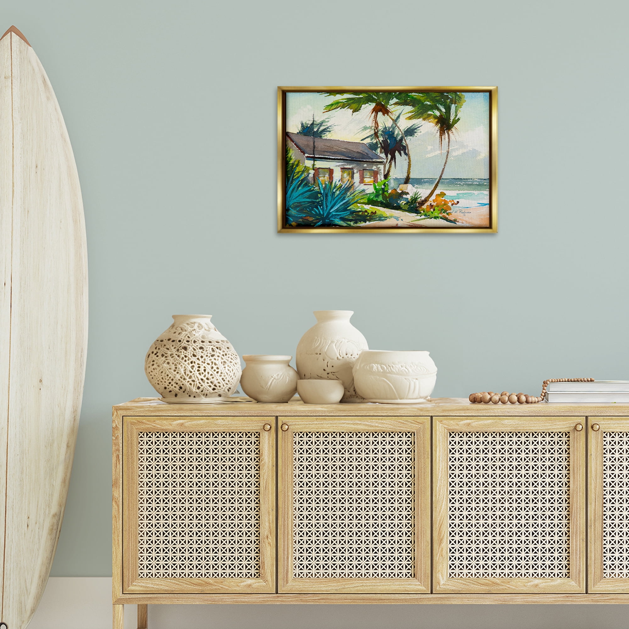 Stupell Industries Windswept Palms Cottage Landscape & Nature Painting Gold Floater Framed Canvas Art Print Wall Art, 25 x 17