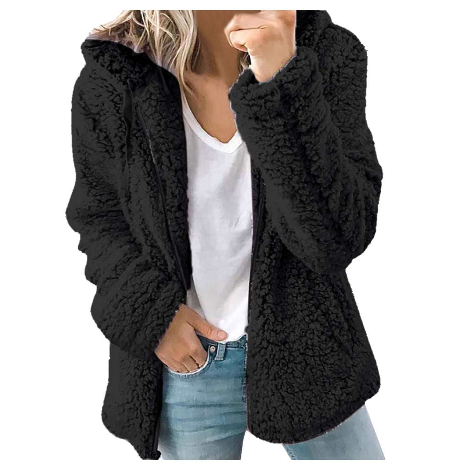 2023 Womens Winter Hooded Shaggy Fleece Jacket Long Sleeve Full Zip Up ...