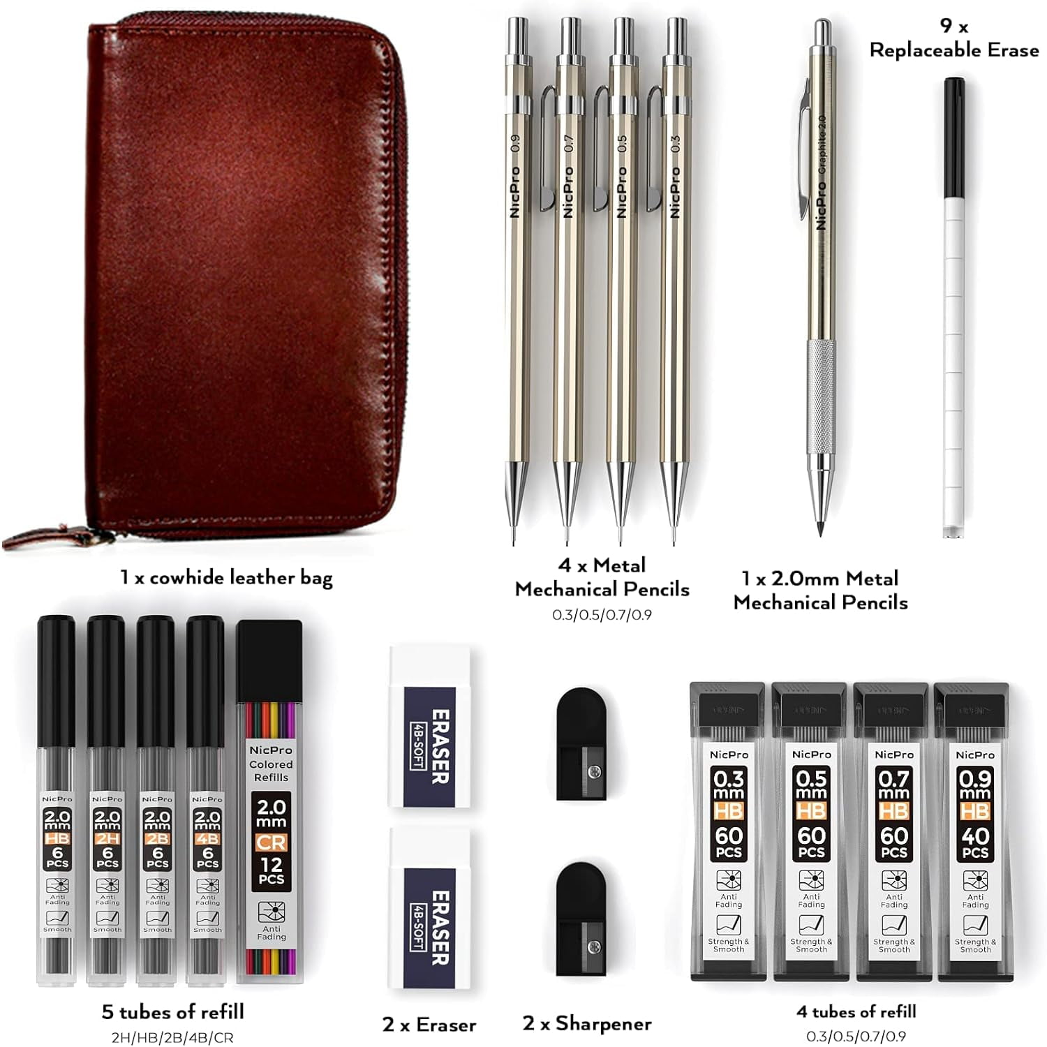 Nicpro 5Pcs Metal Mechanical Pencil Set in Leather Case, 0.3 & 0.5 & 0.7 & 0.9 mm & 2mm Lead Pencil Holders, (4B 2B HB 2H) Lead Refills (Black & Colors), Erasers