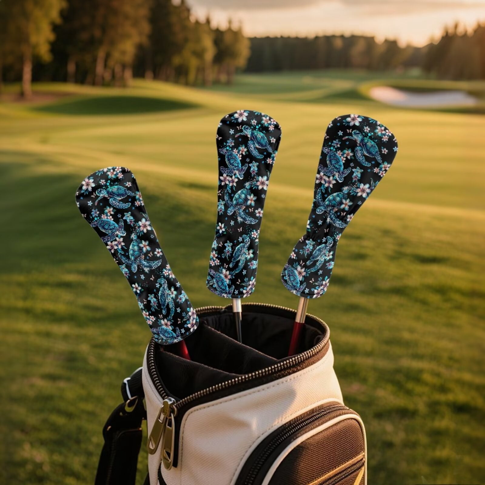 Uorisanigo Golf Club Covers Driver Headcover and Fairway Wood Head Covers Hybrid Headcovers, Lightweight PU Leather Boho Turtle Golf Club Head Cover with Soft Lining, Set of 3