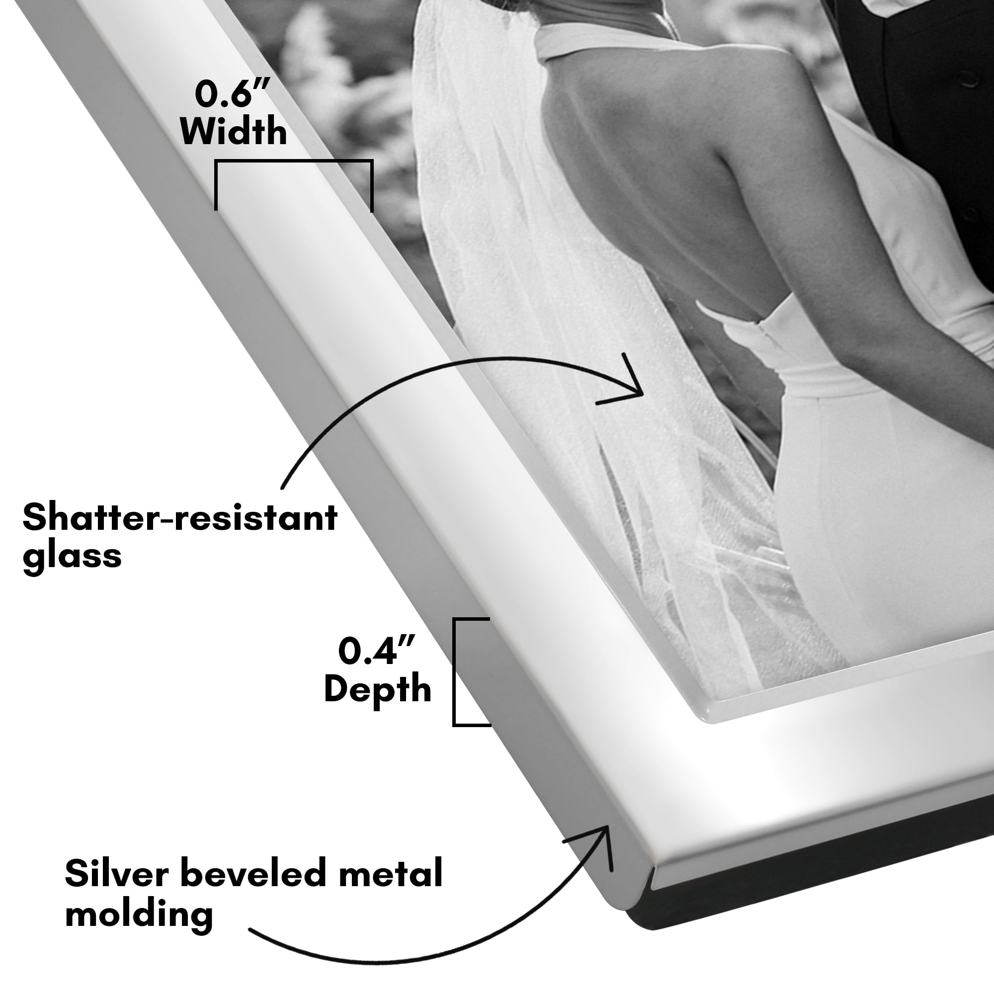 Americanflat 5x7 Hinge Frame with Shatter-Resistant Glass Hinged Metal Wide Beveled Molding Modern - Silver