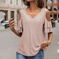 thumbnail image 4 of vdgthytj Womens Cold Shoulder Tops Summer Eyelet Hollow out V Neck Short Sleeve Shirts Trendy Going out Tunic Blouses, 4 of 5