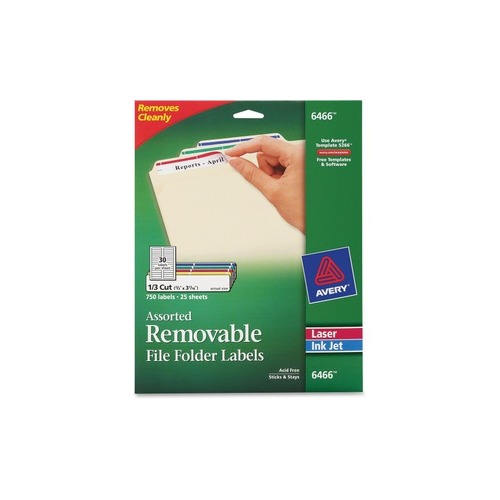 Avery Removable File Folder Labels, 2/3'?x3-7/16'?, 750 Assorted Labels (6466) 0.66' Height x 3.44' Width - Rectangle - Laser, Inkjet - Blue, Green, Red, White, Yellow - Paper - 30 / Sheet - 25 T