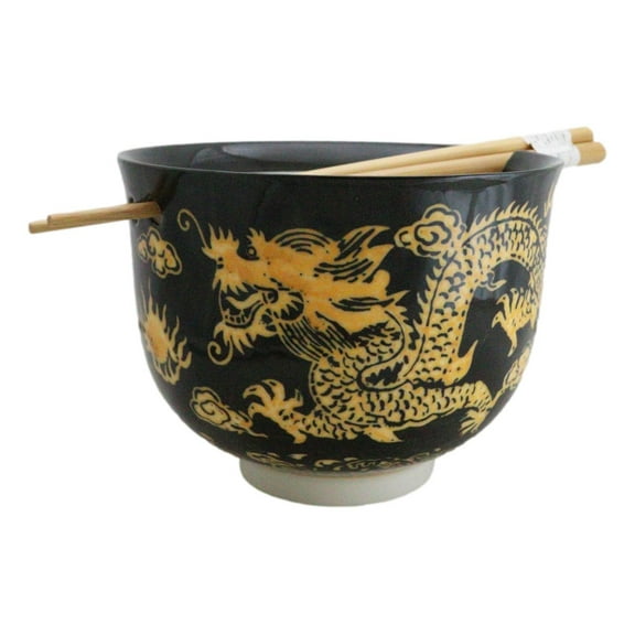 Black And Yellow Dragon King Ceramic Donburi Ramen Bowl With Chopsticks Set