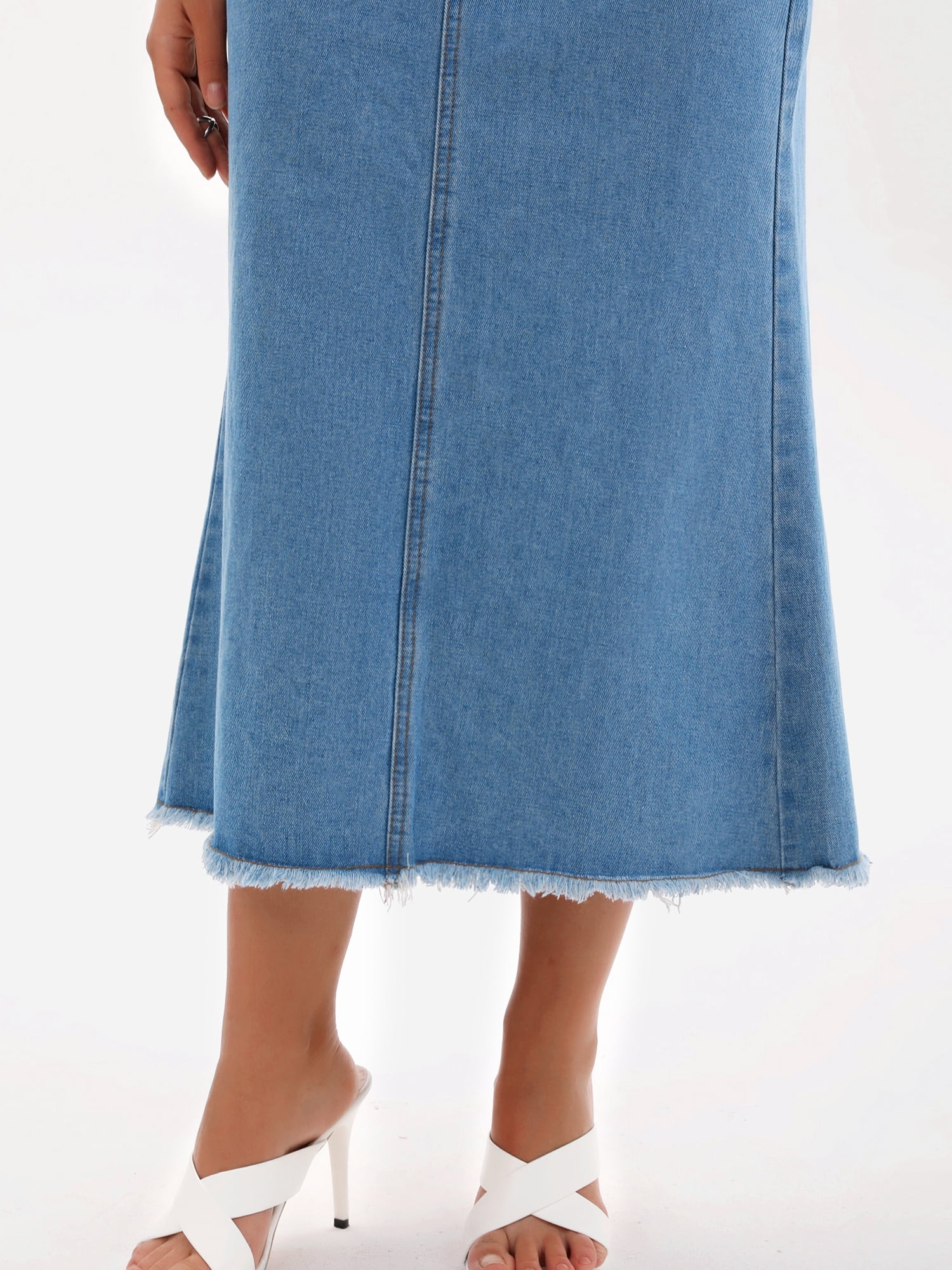 DARING DIVA Women's Denim Maxi A Line Raw Hem Jean Skirt X-Large Sky Blue