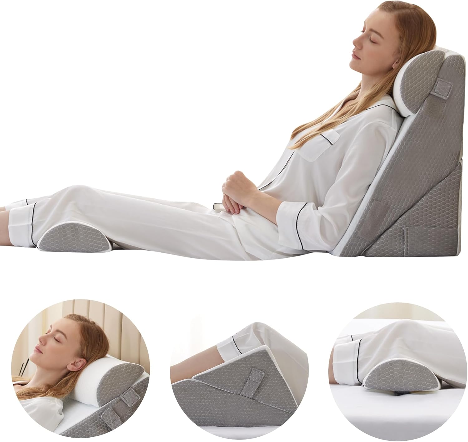 Adjustable 4-Piece Memory Foam Bed Wedge Pillow Set for Back, Neck, Leg Pain Relief, Sleeping, Sitting Up, Acid Reflux and GERD, White and Grey